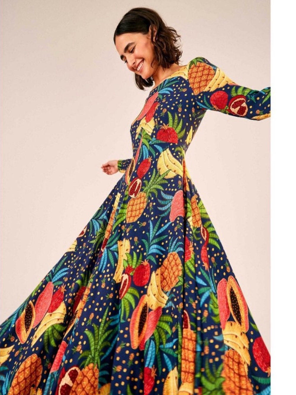 Farm Rio Dress Fruit Forest Maxi in Navy Yellow Red
